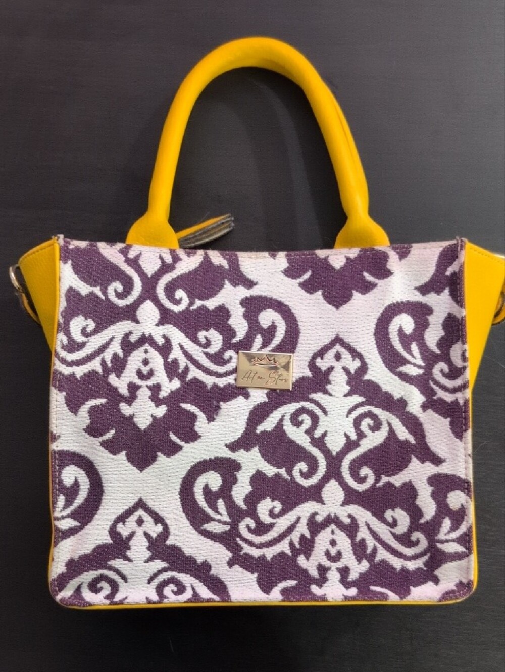 Purple Damask Tote with Yellow Handles by